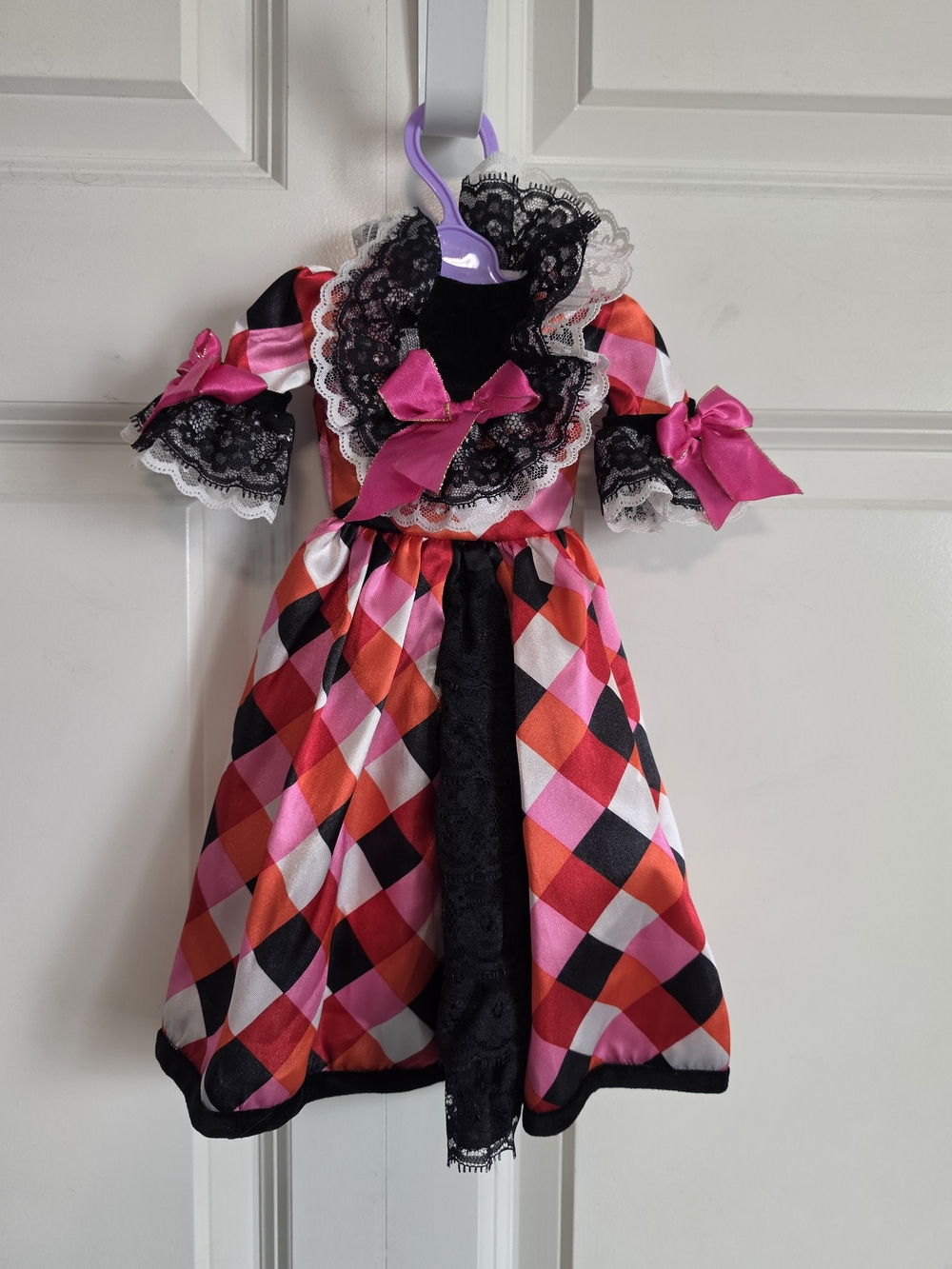 Pink & Red Harlequin american girl 18in doll Dress with Black Lace Trim spanish